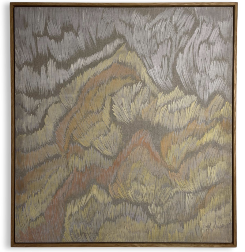 The painting 'Through the Midnight Veil' by Lisa-Marie Price showcases an abstract composition in muted tones. The work features sweeping, feathered brushstrokes in greys, pale yellows, and subtle coral hues that create a dynamic, flowing pattern across the canvas. The texture suggests movement, with strokes radiating outward in fan-like formations. The painting is presented in a simple brown frame. The artist's technique creates an ethereal quality that evokes clouds, veils, or natural formations in motion.